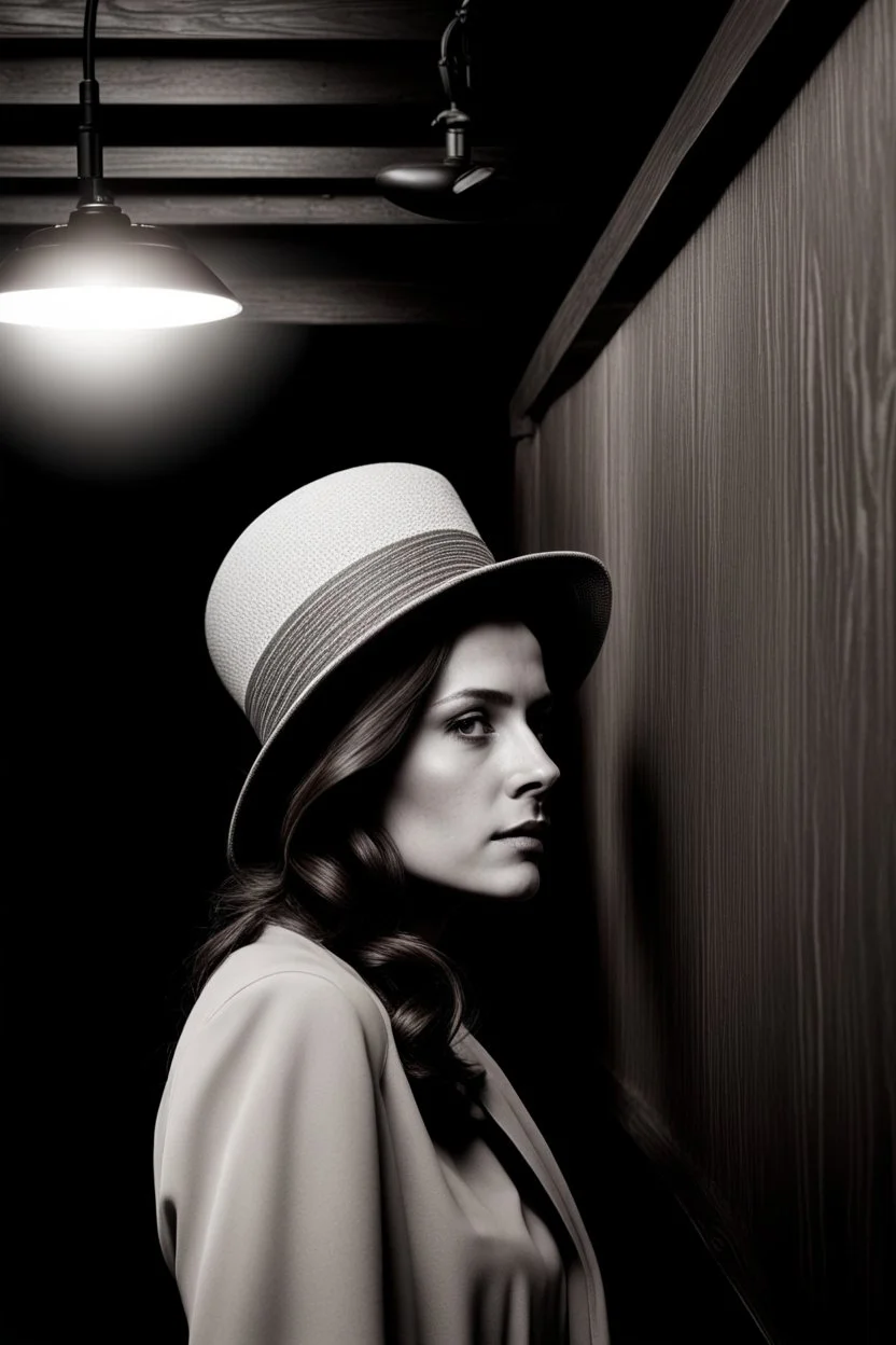 dark brown wood panel background with an overhead spotlight effect, a small woman facing to the side looking back over her shoulder