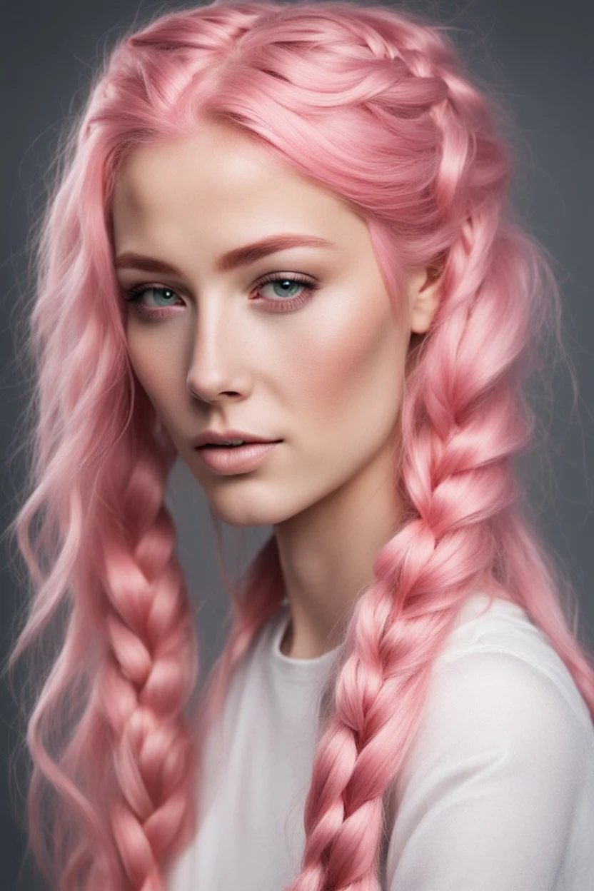 beautiful young woman with long pink hair in a braid