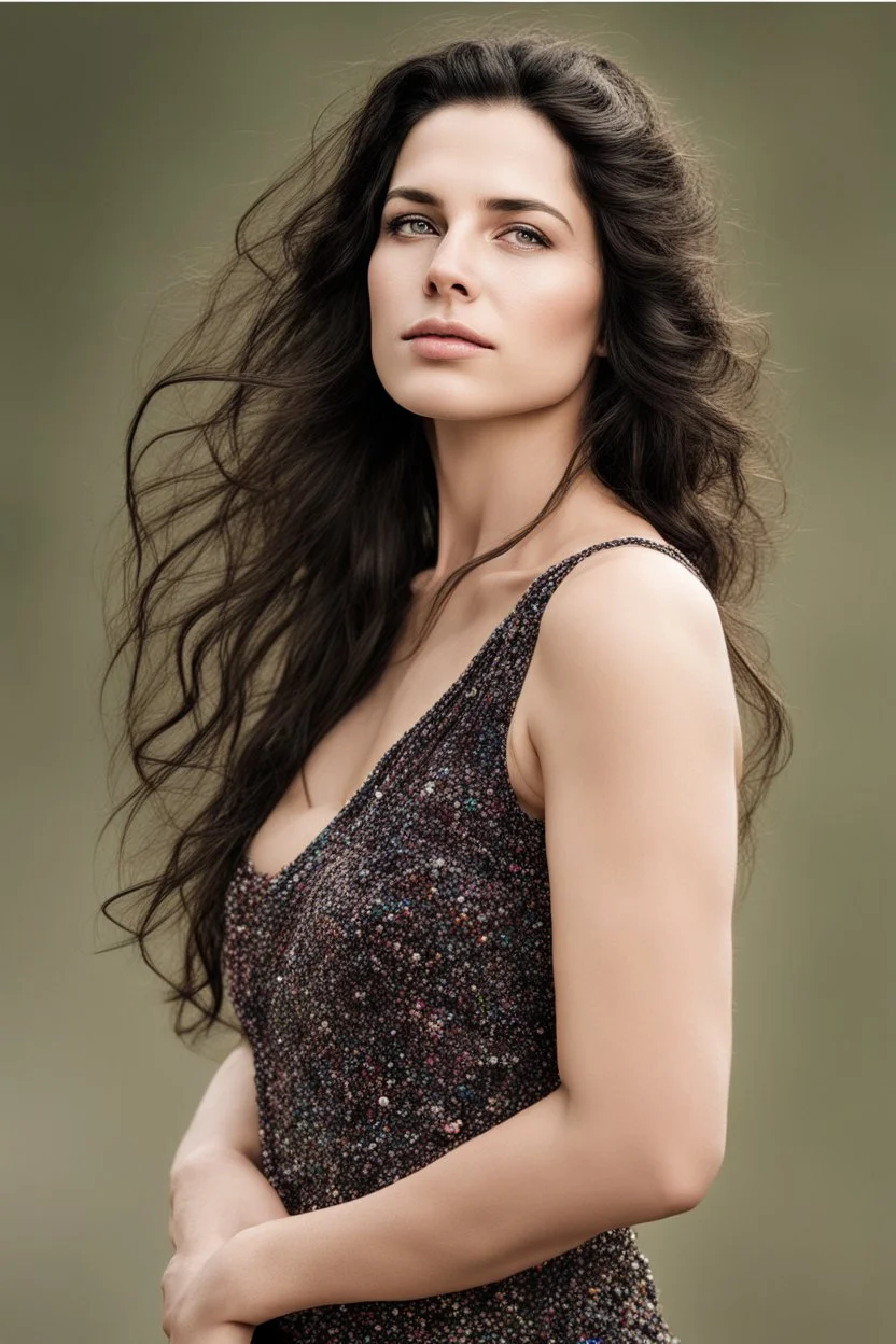 Stunning natural true colors professional photography on white background showing incredibly beautiful 32-year-old European woman. (She has white skin, tousled black hair, pretty face without makeup, big round brown eyes, cute profiled nose, detailed full lips.) (She's not wearing earrings, necklaces, jewelry or body accessories.) (Show the womans face in natural head pose within the boundaries of the photo. make half of the face 15 years older.)) (((realistic skin tones, skin texture))