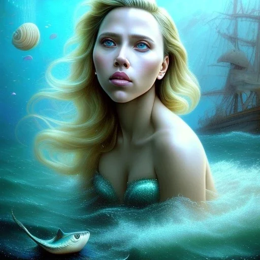 A beautiful portrait of a fusion of Scarlett Johansson and Reese Witherspoon as a mermaid , leaning on a ships deck ,Rough sea in the background, a shark,snails, seashells (digitall art by Eugene de Blaas and Ross Tran, vibrant color scheme, highly detailed, in the style of romanticism, cinematic, artstation best quality, realistic lighting, masterpiece portrait, details light dusting , cowboy shot from above, simple chain hauberk Vector art digital illustration 3D shading )