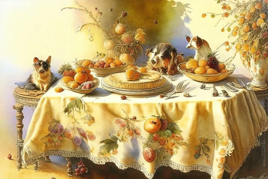 Cake with fruits on a lace tablecloth on a kitchen table, oil on canvas, watercolor and ink, dogs, Jean Baptiste Monge, Jacek Yerka in sunshine