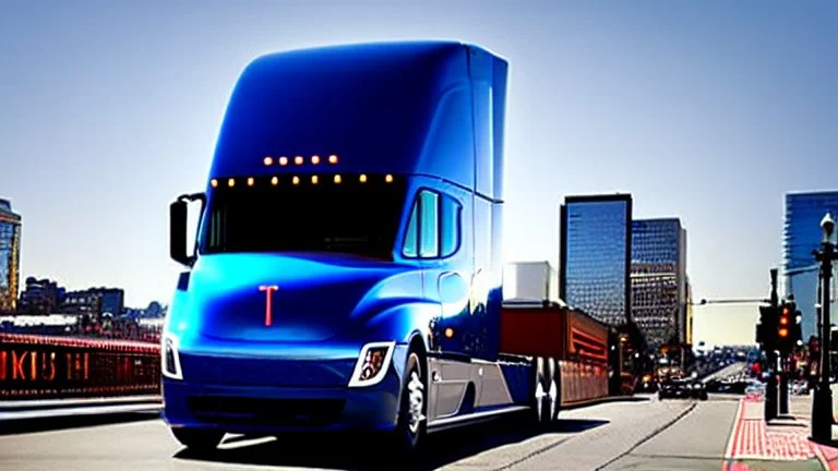 A Tesla semi-truck is racing at top speed, across the 'Pike Place Market', in Seattle. CINEMATIC. WIDE ANGLE LENS. PHOTO REAL.