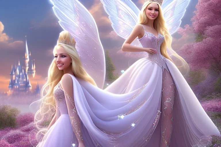 castle in background, beautiful, soft, big smiling, straight and long blonde hair, blues eyes, dewy and shiny atmosphere, diamond crown, long fairy wings in the back, full head, pink veil clothes