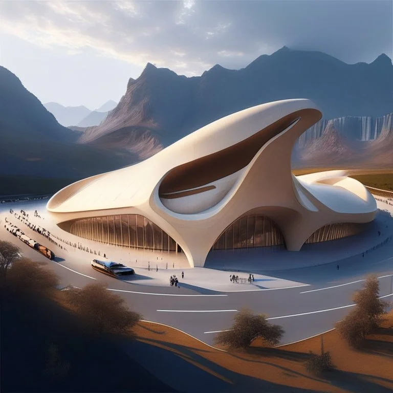 A cultural center and its ant shape simulating the design of Zaha Hadid, beige, with internal and external lighting, landscape, mountains, parking lots and people.