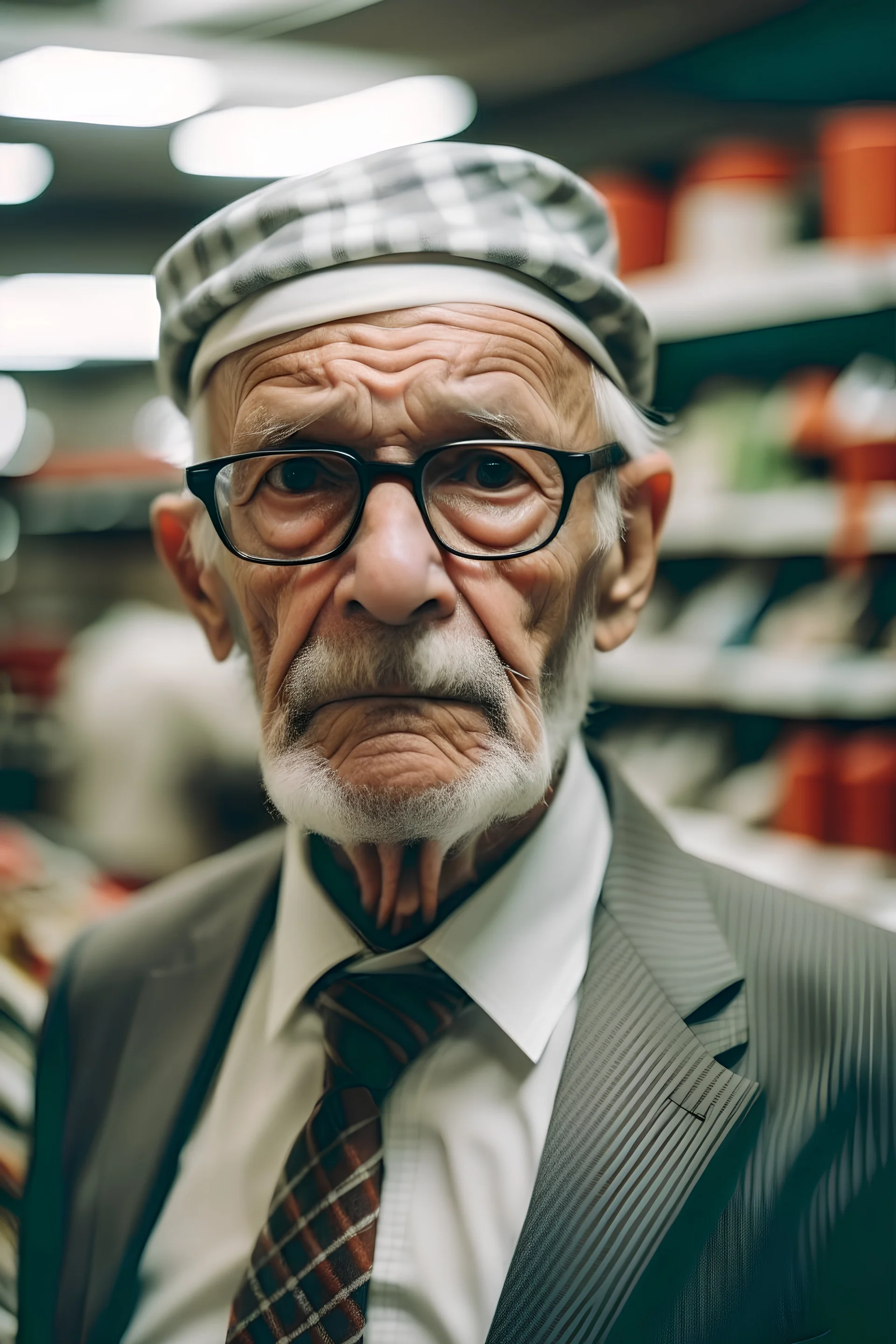 Un retrato de un anciano con corbata y un pañuelo en la cabeza en un supermercado