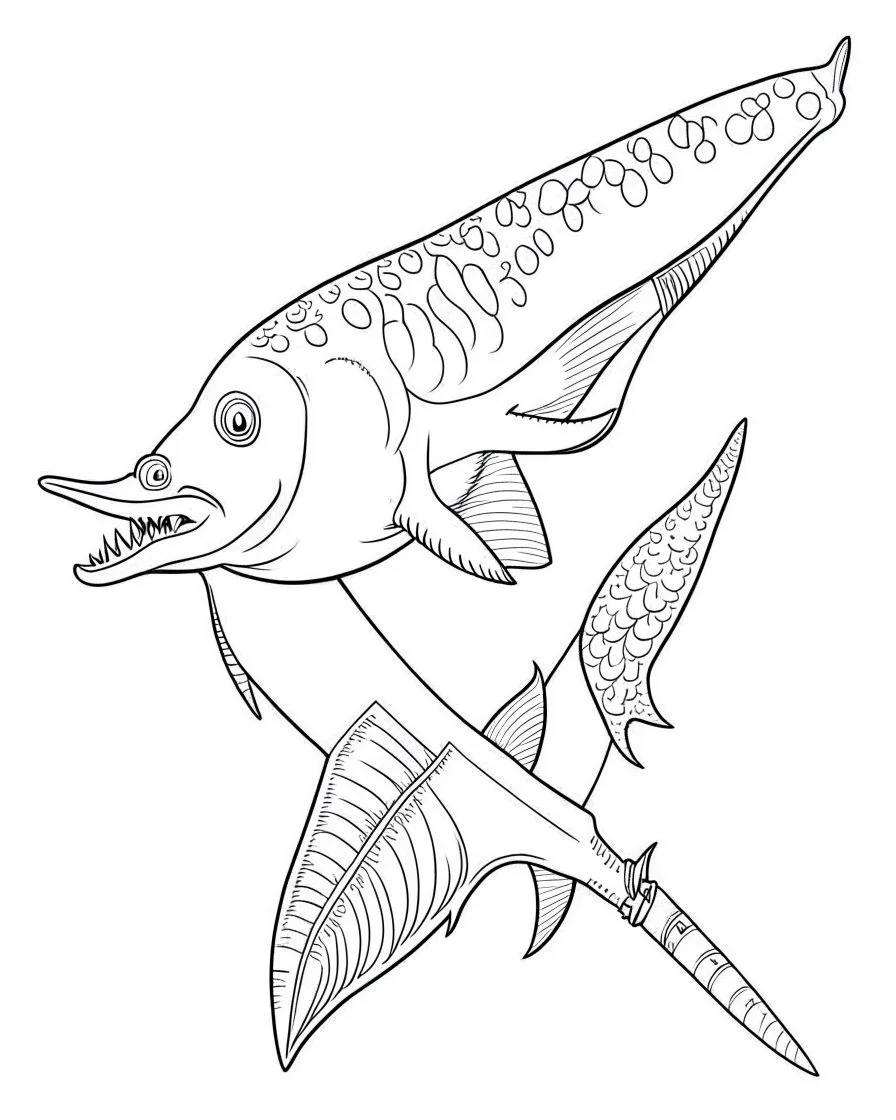 cartoon of a swordfish, children coloring book page, no color, white background