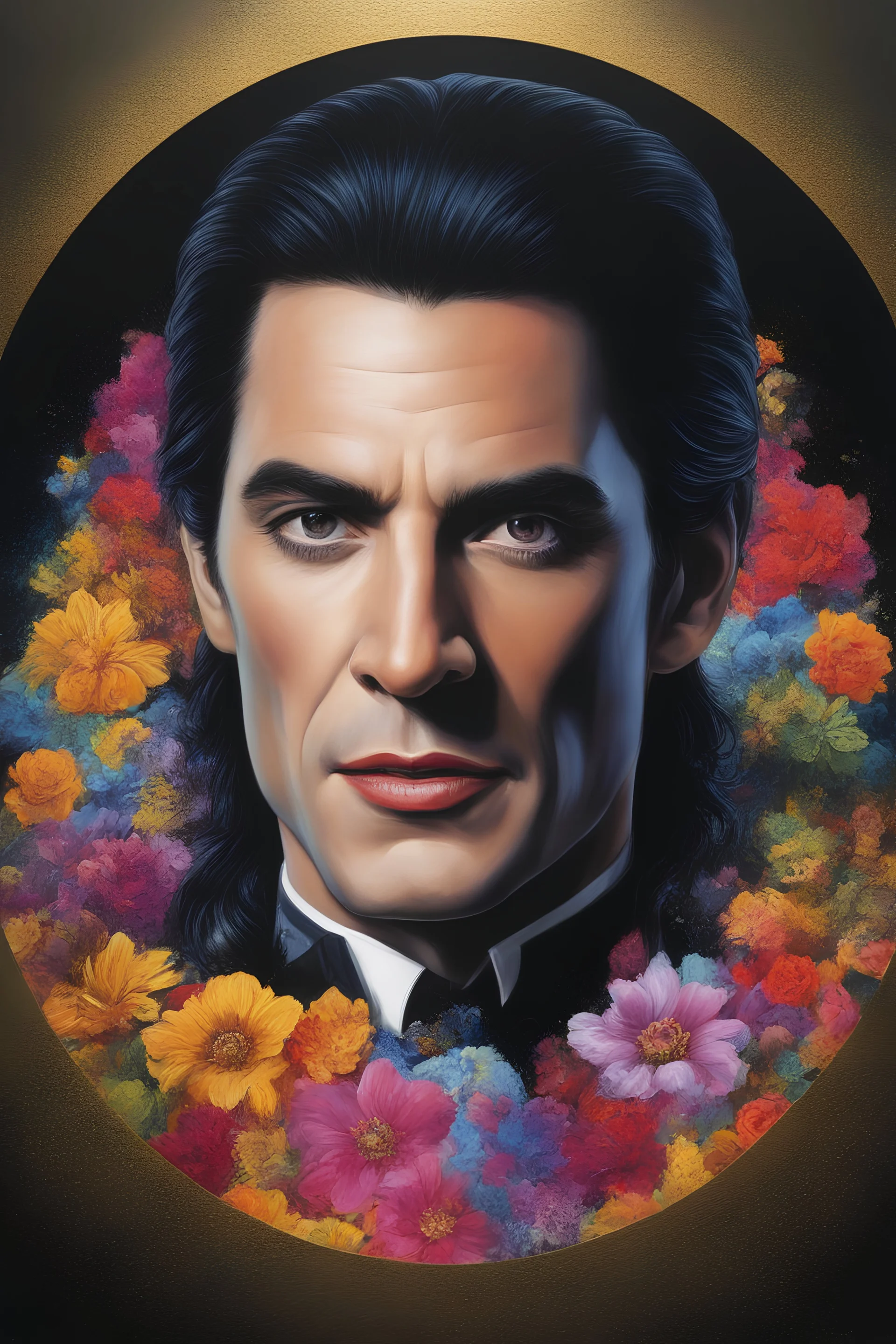 Count Dracula's face inside a small gold circle, Michael Jackson/Henry Cavill/Leonard Nimoy, multicolored, large, Floral/rainbow designs, atmospheric, beautiful, bright, vibrant colors, pitch-black background, oil painting by Boris Vallejo, 4k UHD, Photorealistic, professional quality