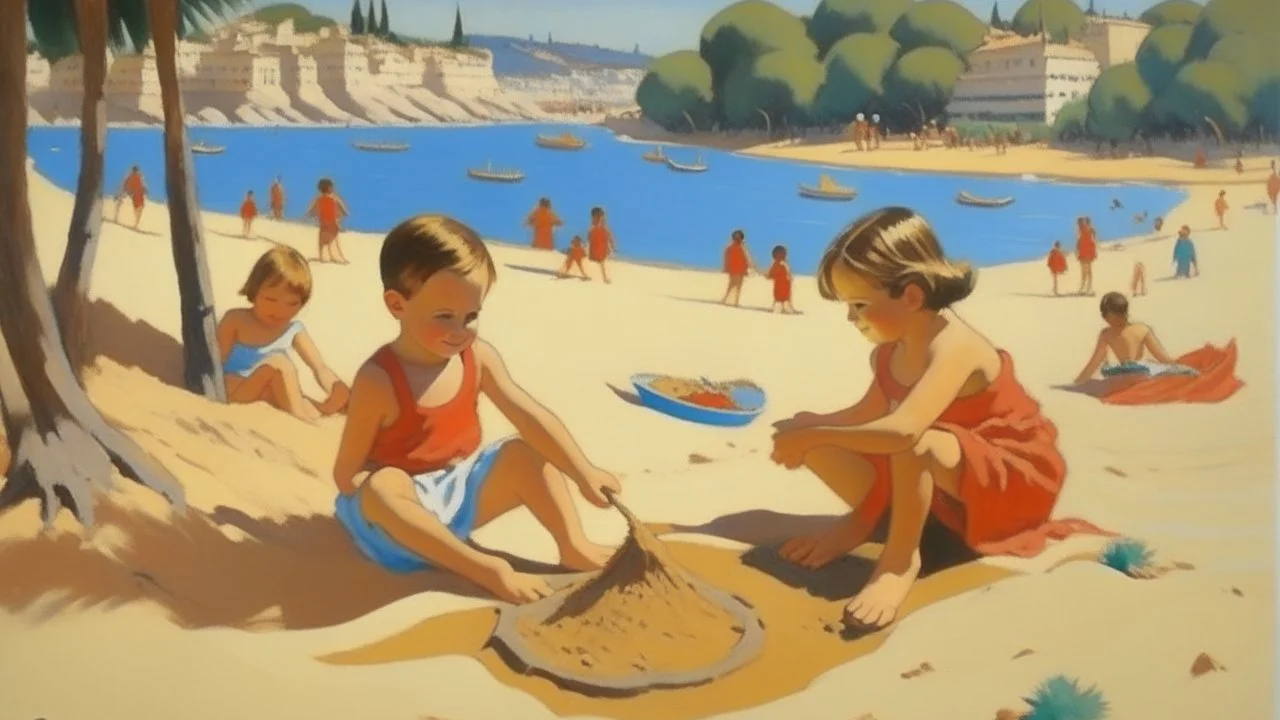 cote d'azur childen playing in sand painting neoclassism 60