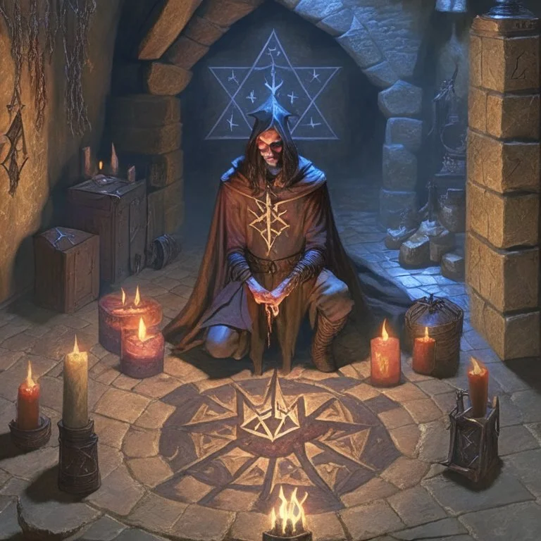 A warlock in his vaulted dungeon, a Pentagram and candles on the floor