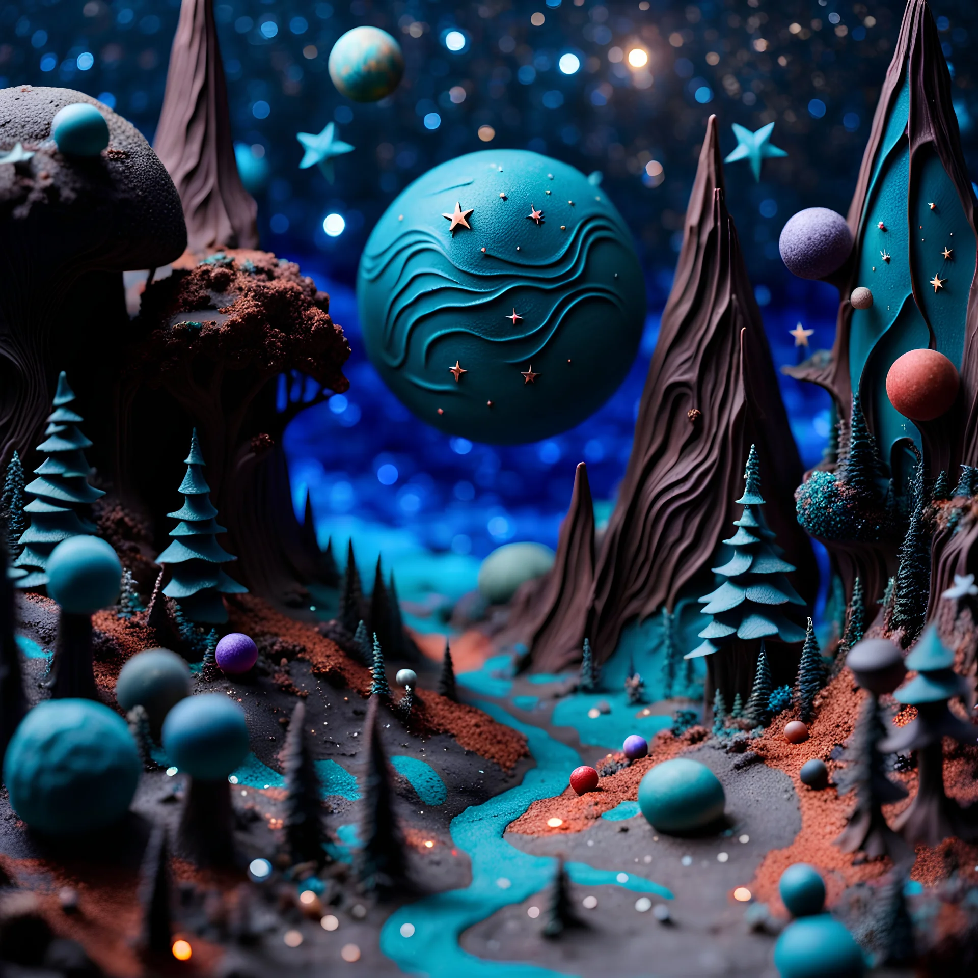 Detailed creepy landscape made of modeling clay, stars and planets, Roger Dean, naïve, Tim Burton, strong texture, Ernst Haekel, extreme detail, Max Ernst, decal, rich moody colors, sparkles, bokeh, odd