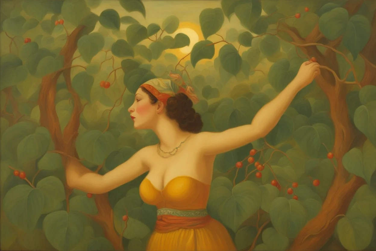 a lush jungle, a woman dressed in embroidered folk costume with a beaded bonnet on her head holding on to a vine with one hand while swinging across and reaching for the next vine with the other, dynamic movement, sunshine, oil on canvas