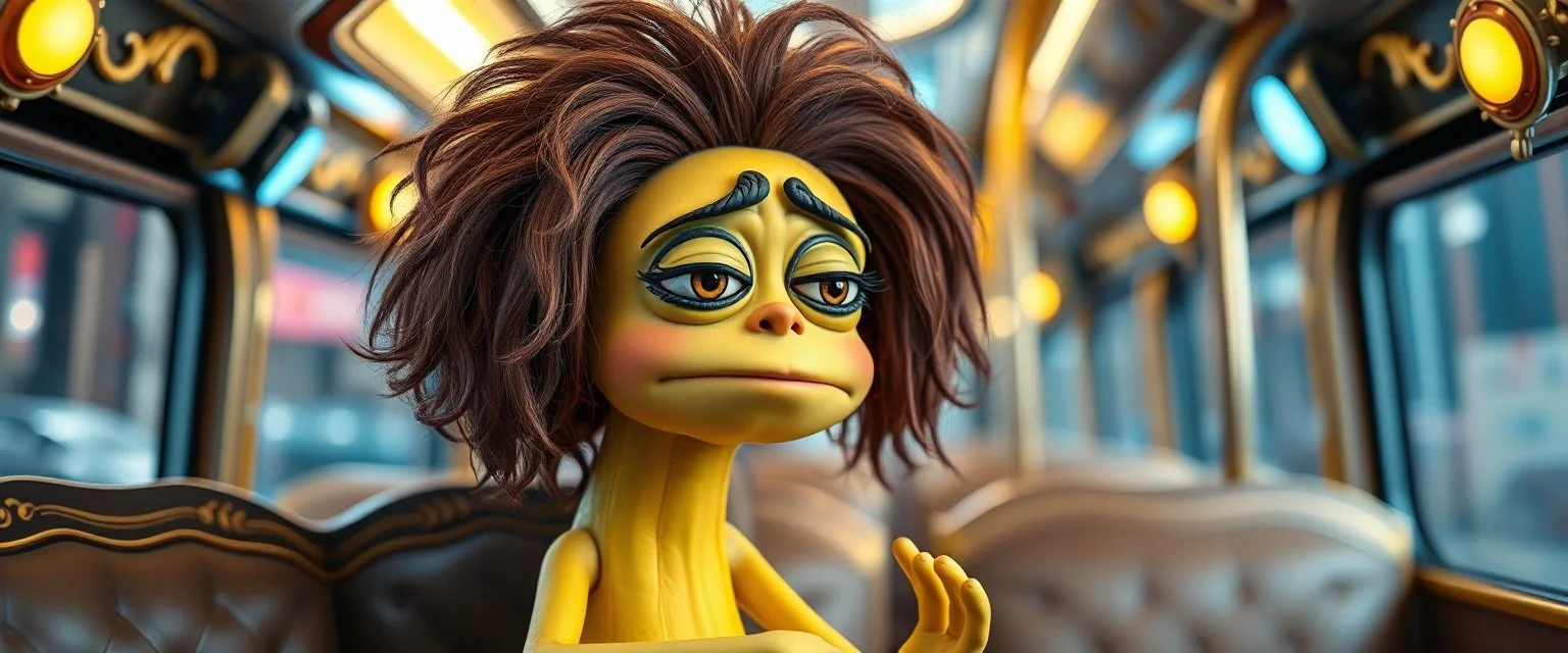 close up portrait of hairy fluffy polymer clay cute female happy worried banana monster with realistic human colored and textured skin, and long sleek limbs and with studio lights, on a luxury ornate neon buss, talking to his aunt