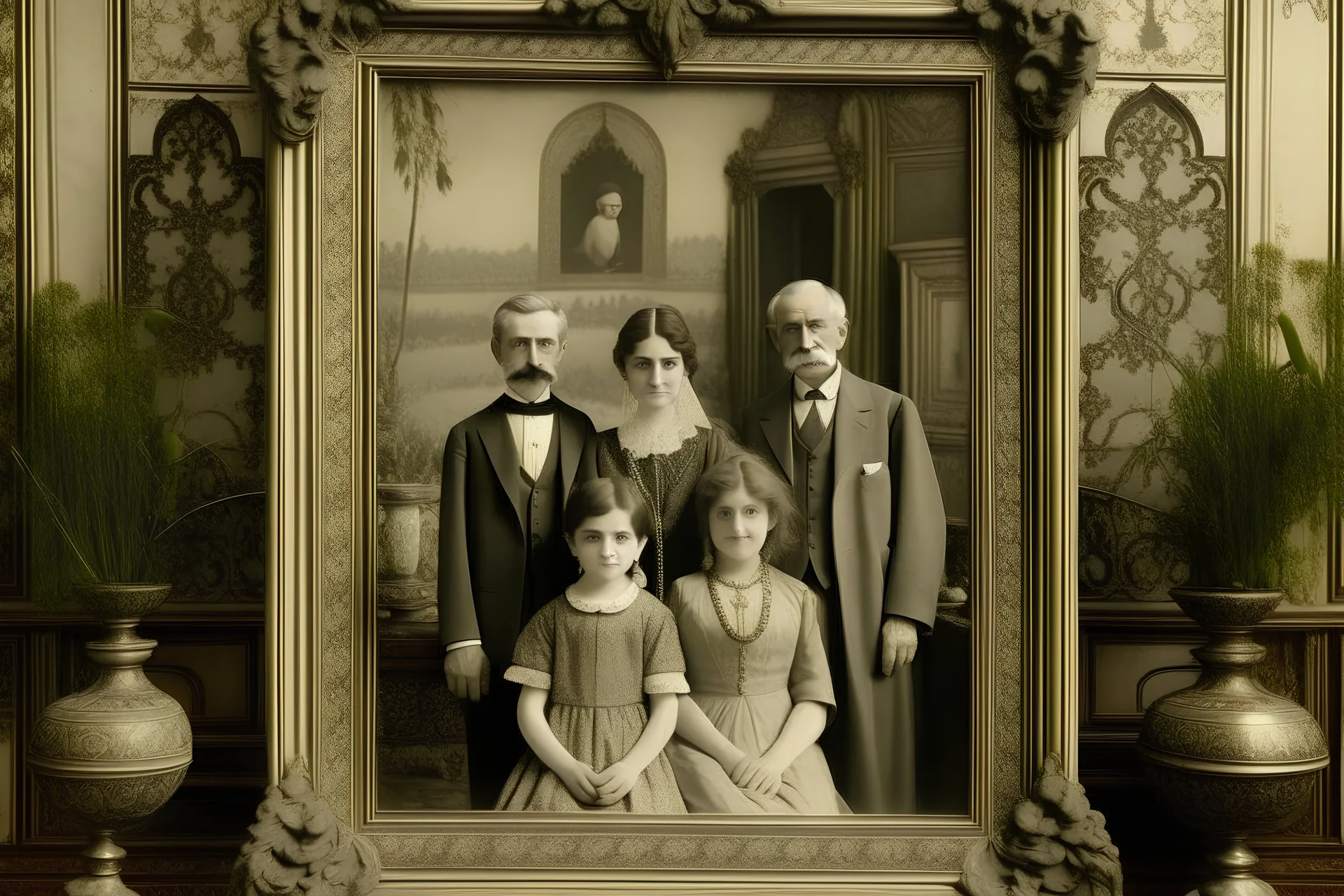 family photo, broken gray tones, old, as if veiled, 16 K. old photograph, family portrait, behind a painting with a painting of a palace with columns