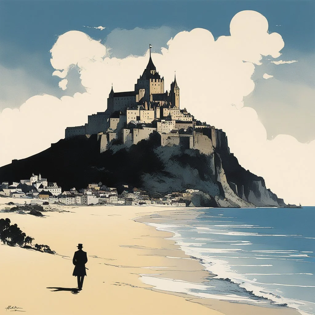 [art by Hugo Pratt] a mythical version of the Mont Saint Michel, with Corto Maltese on the beach, from far away