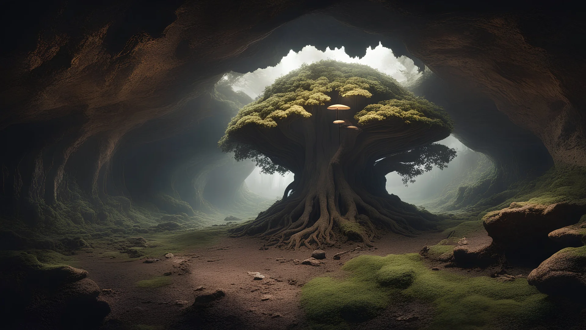 A grand tree inside a dark, expansive cave. The ground is littered with varying fungi and outlandish plants