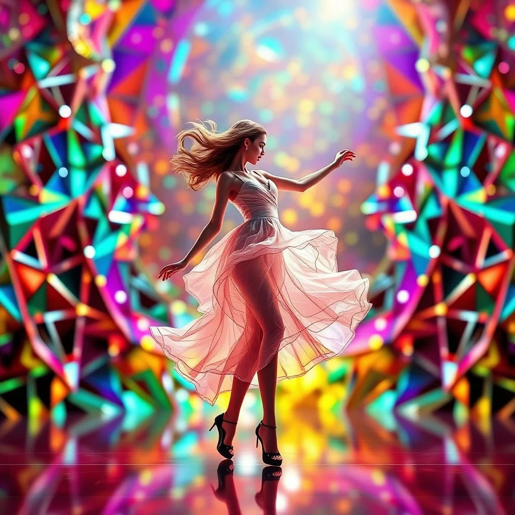 A young lady in modern dress dances in a vibrant, vibrating, color-rich 3D stage of metallic and crystal recursive geometric structures and an evolving ,Creative 3d fractal art, blurred bokeh effect,