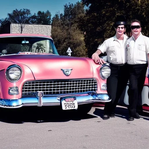 a 50s Greaser BAND standing in front of a hot rod