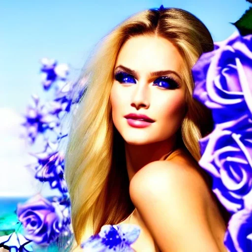 jolie femme avec longs cheveux blonds - joli visage souriant et beau corps bien formé , beaux yeux bleus - grandes ailes bleu ciel transparentes , ciel bleu fleurs blanches et roses. robe en soie jolies dents, jolis yeux, picture precise and hight quality, bikini