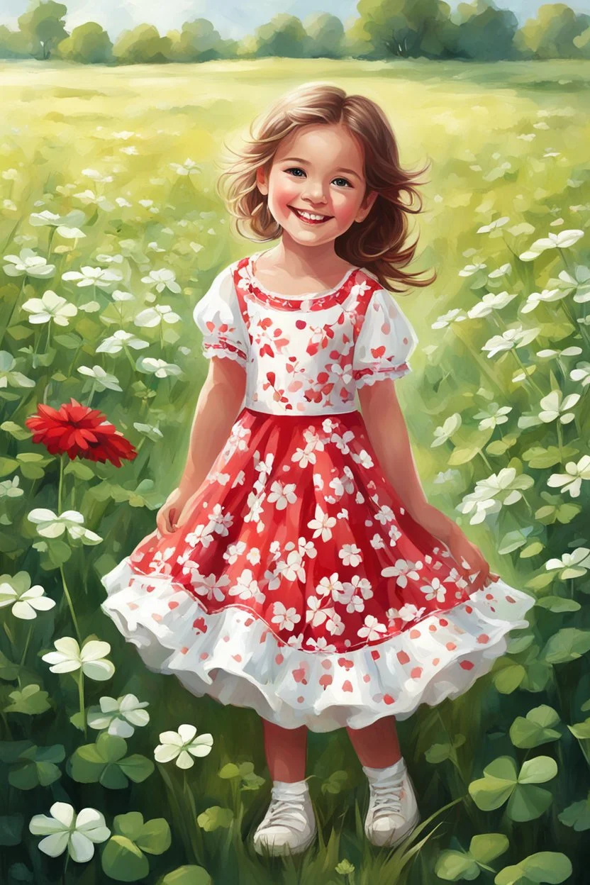 Adorable digital painting of a cute little girl in a gorgeous red and white dress smiling in a field surrounded by clover, high quality