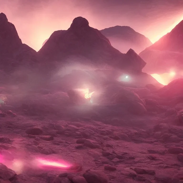 DANCING ALIENS, FLOWING FABRIC, cinematic lighting, 4k, 8k, octane render, digital concept art, ambient lighting, PINK, MOUNTAINS SUNSET