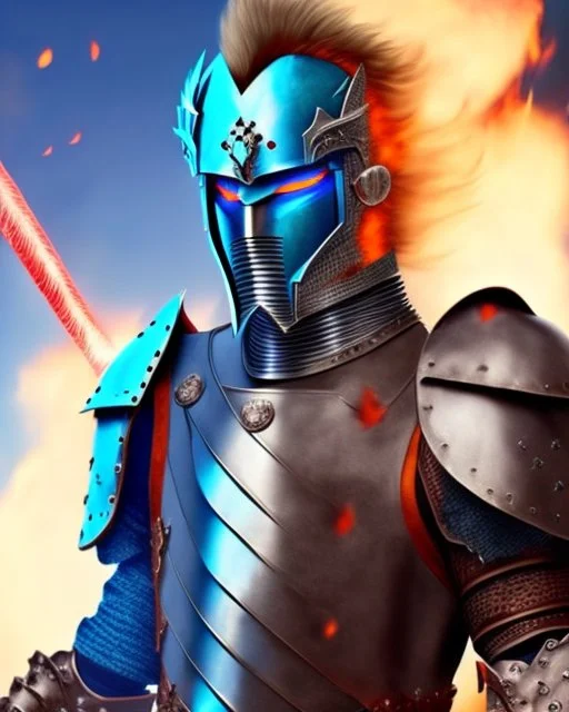 A commander with flaming eyes with flaming light blue pupils with stubble An armor made of a mixture of steel and leather, worn by a strong commander with magical power stands atop a squire