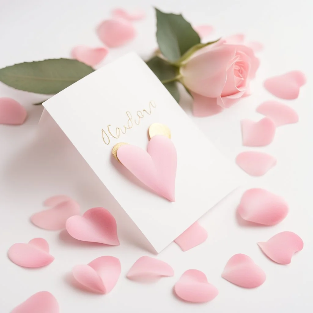 A photo of a white card, 5.5 by 4.25 inches. The card is vertically positioned on a beautiful light pink surface, positioned between pink rose petals and litte golden hearts.