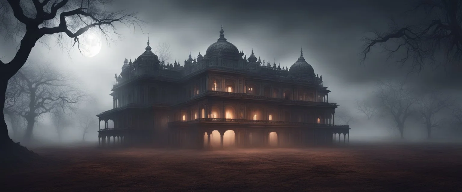 Hyper Realistic Haunted Dark Indian palace between a Field with dry old tree at heavy foggy night