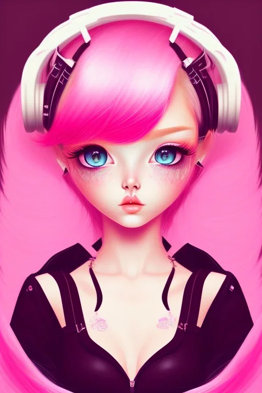 girl, cute, beautiful, headshot, pink hair, brown eyes, black clothes, long hair, eyeliner, long eyelashes