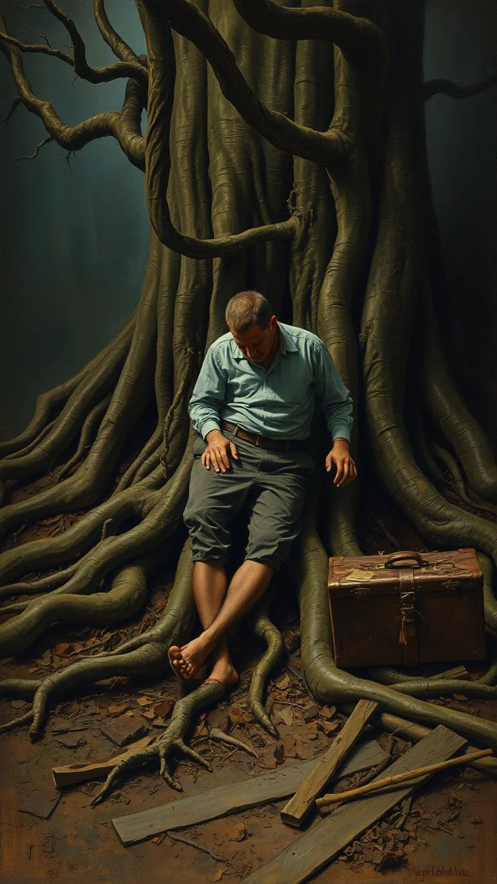 Bosch painting style nightmare, a man with tree roots legs in the ground , beside him and old travelers suitcase , dramatic sad scene, fantasy, scary.