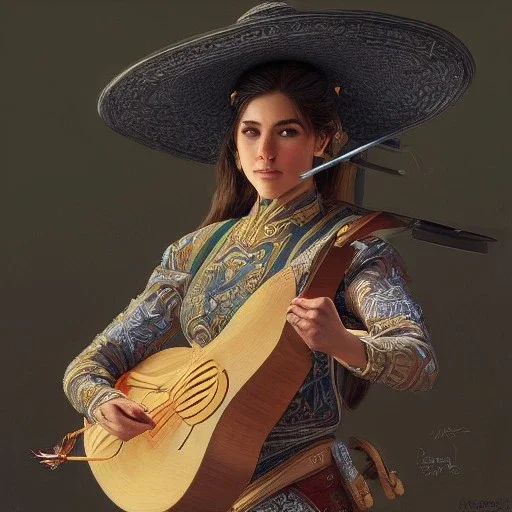 portrait,"Insanely detailed photograph of a mariachi crossbowman", charo detailed, sequenced Sombrero, detailed D20 flair, digital painting, artstation, concept art, smooth, sharp focus, illustration, art by artgerm and greg rutkowski and alphonse mucha, 8 k