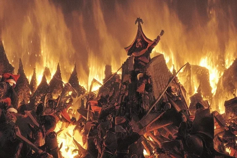 santa claus leading his army invade Helm's Deep fire destruction