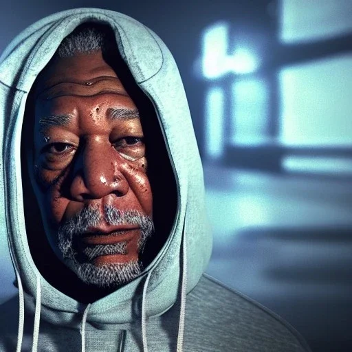 Morgan Freeman sad and crying in hoodie cyberpunk very detailed cinematic unreal engine photo realistic