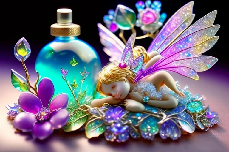 closeup, cute chibi sleeping fairy, Coloured glass flowers set with gemstones, glittering metal stems and gemstone leaves on a room table sharp focus elegant extremely detailed intricate very attractive beautiful dynamic lighting fantastic view crisp quality exquisite detail in the sunshine gems and jewels