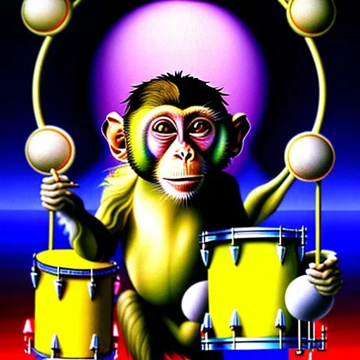 A monkey playing the drums, london skyline at night, in the style of Salvador Dali