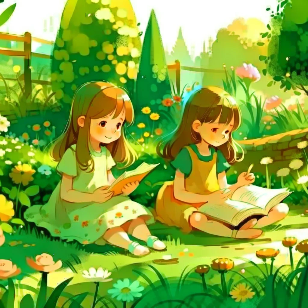 Abstract little girls reading story in garden