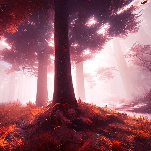 dynamic lighting, Intricately detailed, Splash screen art, deep color, Unreal Engine, volumetric lighting, red forest,