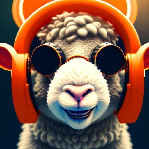 Sheep toddler, smile, steampunk headphone, sunglass, gangsta neckless, full body, orange puffer jacket, tokio background, dramatic lighting, hyper realistic, unreal engine 5, 16k