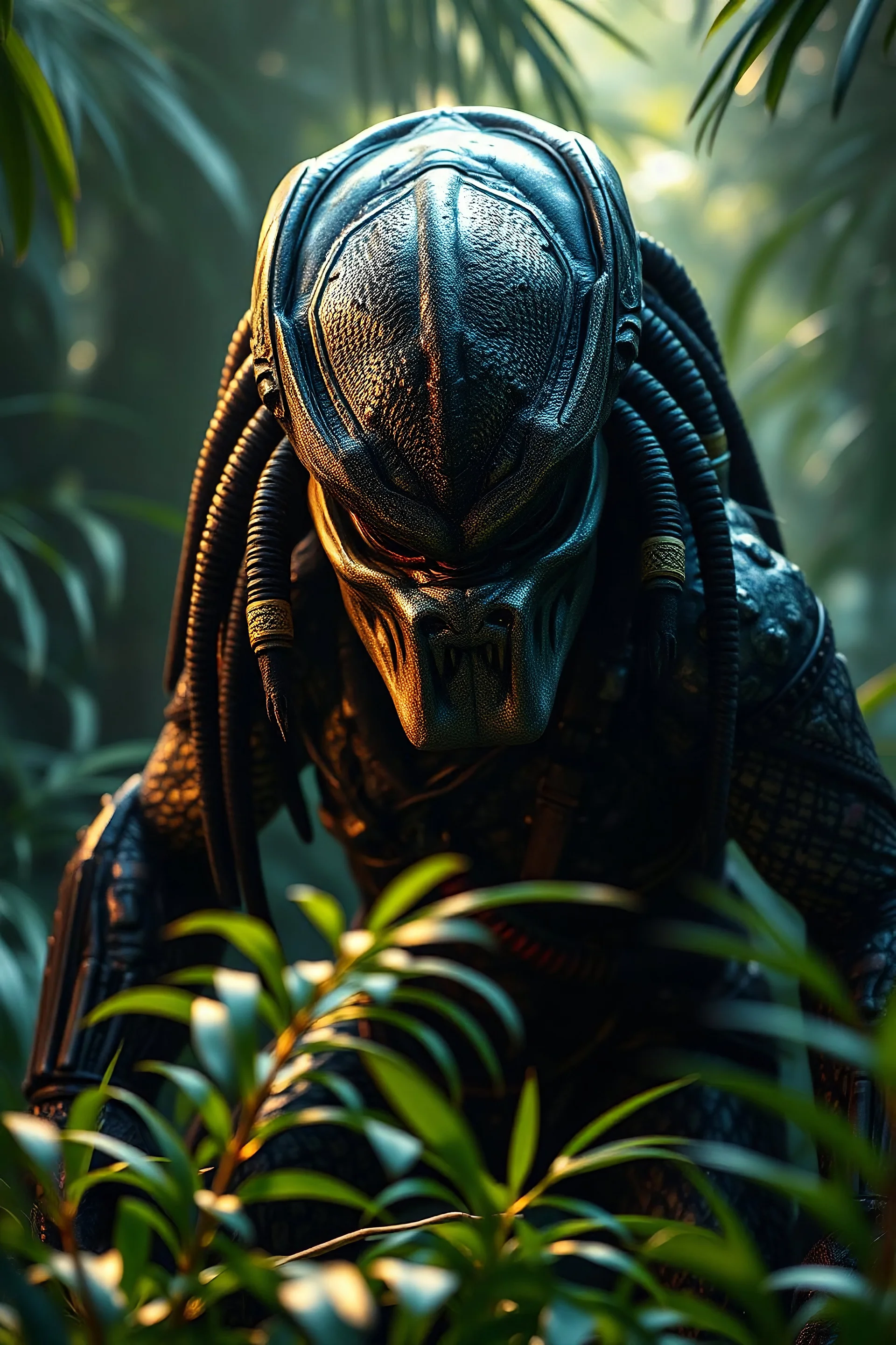 Predator in the morning jungle, focus and light on predator , action movie style with intricate details and naturale colors, volumetric lights,