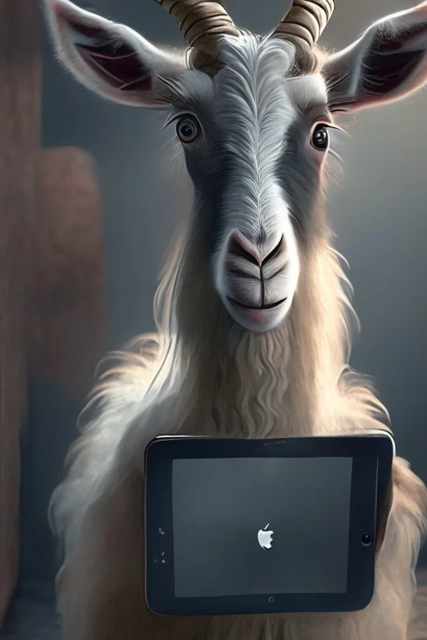 Cute goat holding ipad, dramatic lighting, matte painting, highly detailed, cgsociety, hyperrealistic, --no dof, --ar 2:1