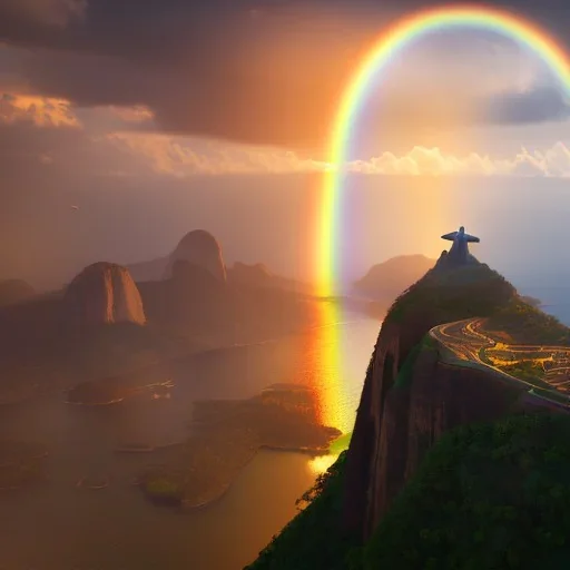 Christ the Redeemer, sunset, rainbow sunset, waterfall, palms, spring, sunset rainbow, flying birds, unreal engine 5, cinematic lighting, realistic, hyper detailed, 8k, octane render, cinema 4d