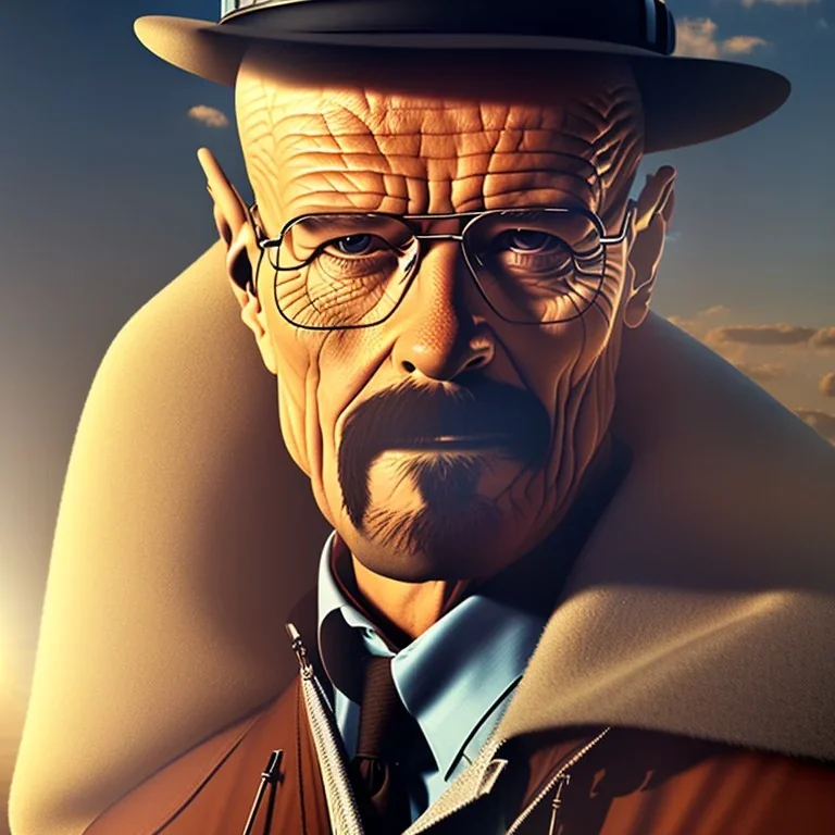 Walter white, 8k, realistic face, with a fedora,sunset background