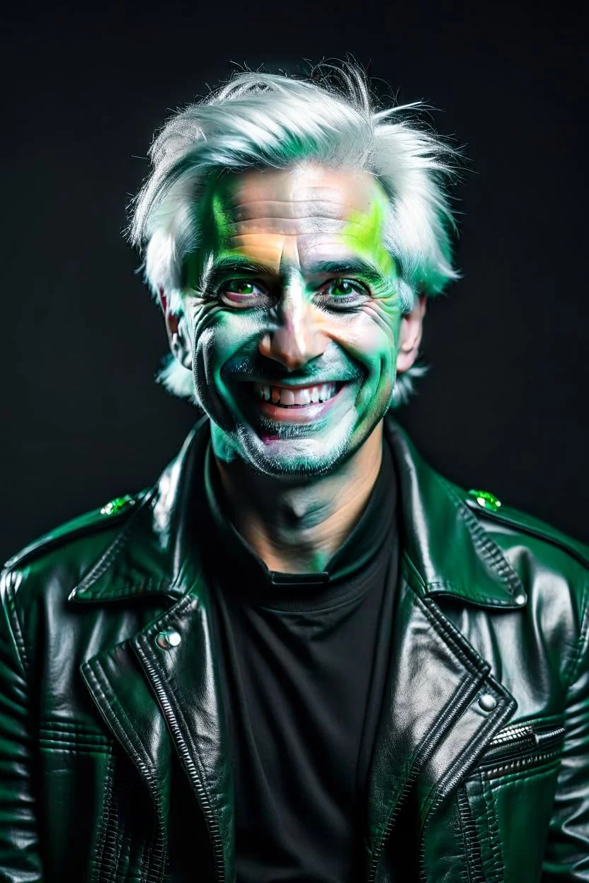 plauge doctor in balck leather coat and suit with silver hair, pale skin and bright green eyes smiling with sharp teeth, nice young face, male, viscious smile