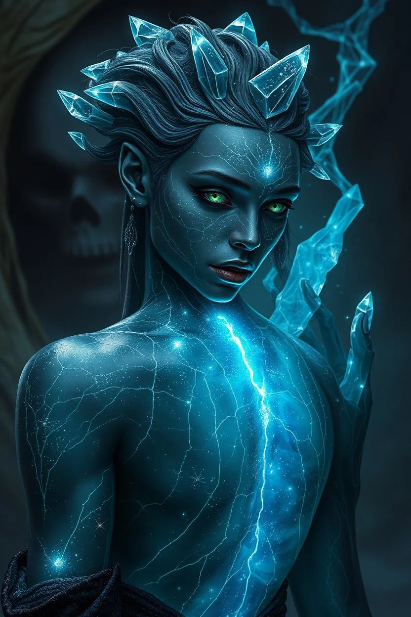 Please generate a female earth genasi cleric in the tempest domain for D&D. She should have dark-colored skin with glittering sparkles like gem dust. She should have lines marking her skin like cracks, showing glimmering gem-like veins and a faint glow. Her hair should appear carved of crystal. .in the back ground scary face in her back try to touch the girl