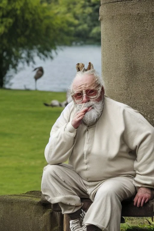 1000-year-old old English man, wise face ,glasses, cynical look, yellow mustache, eyes expressing wisdom, white beard, wrinkled cheeks, precise details, pants with slacks, sitting on a bench in the garden, in the background of a lake with swans, outdoor shot, cinematic, UHD. 20K, 300 DPI