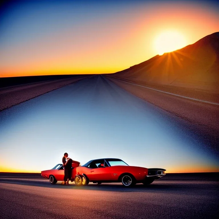 muscle car, just married couple driving, desert road, sunset, full colour,