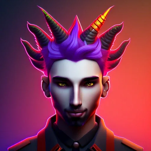 discord profile picture of man with short black hair with red streaks, with purple dragon horns on top of his head, looking mischievous