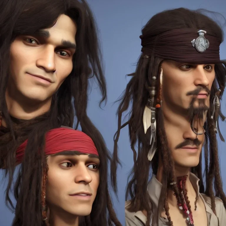 Captain Jack Sparrow,award winning portrait long black hair. character design by andy warhol ,cory loftis. unreal engine 5, artistic lighting, highly detailed, photorealistic, fantasy , 24mm