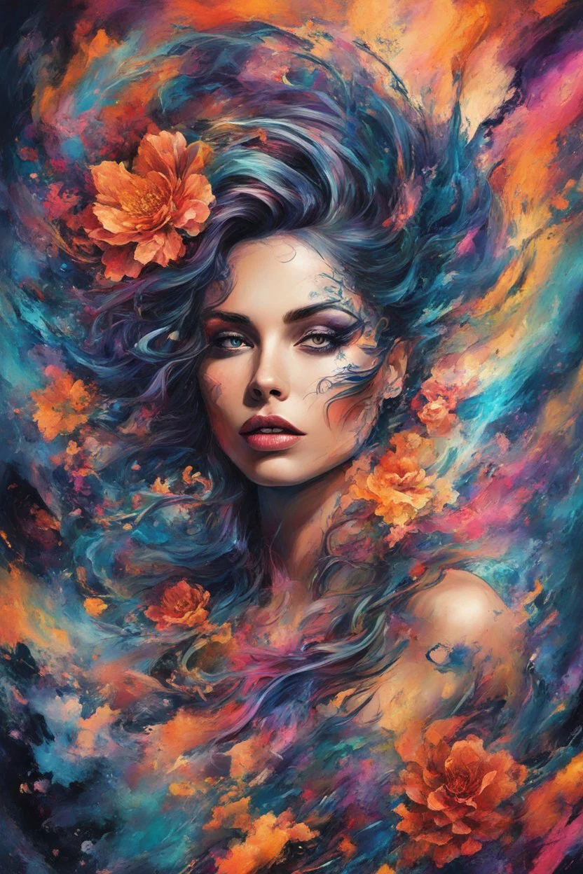 Generate a captivating digital artwork where a vivid explosion of images on a canvas bursts forth, weaving together elements of a woman, demons, tattoos, flowers, and stormy hues. Capture the essence of dynamic creativity in this abstract masterpiece."