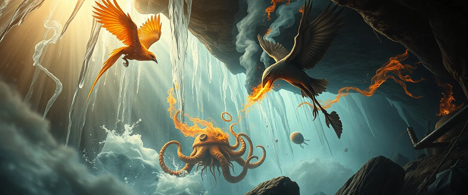 pin hole cam, fire smoke and fog and light rays, phoenix jellyfish octopus bird witch in icy waterfall looks beyond really powerful slapping a bird in the face with fire, fantasy illustration, in the style of Rembrandt