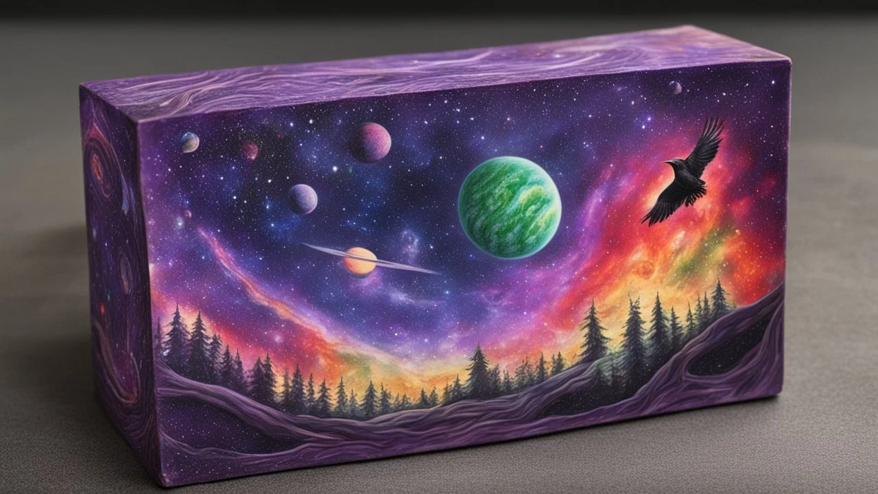 a box 10 cm long by 5 cm wide and 25 cm high, drawn on a box on all sides, space, tress, planets, crow galaxies a lot of colours purple, green and red, portal in the sun, realistic